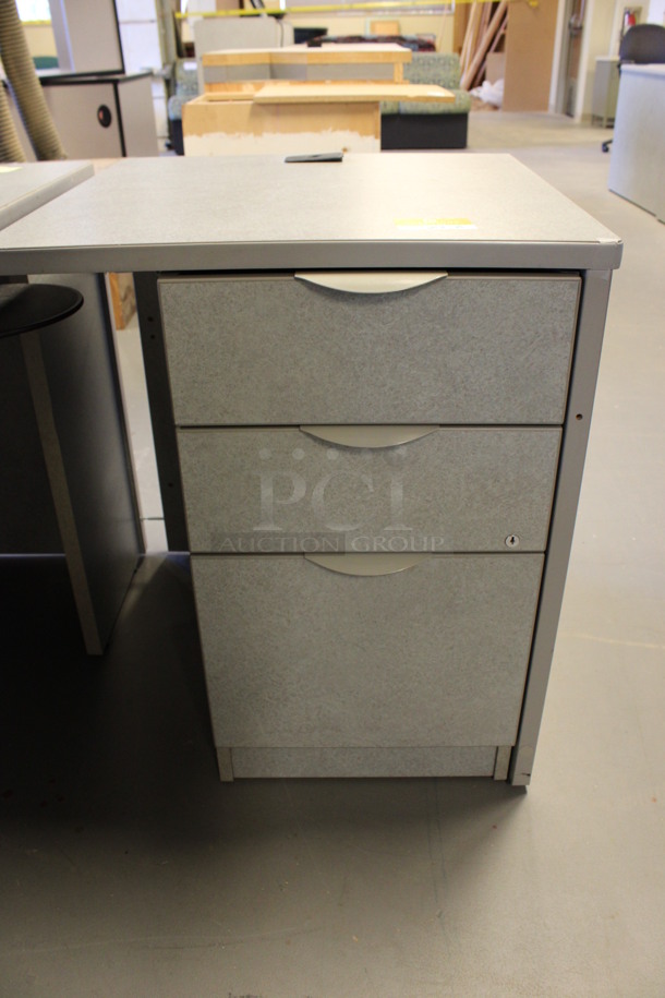 Gray L Shaped Desk Set Up w/ Hutch, 3 Drawer Filing Cabinet and 2 Drawer Filing Cabinet. 72x60x67. (Room 130) - Image 5 of 6