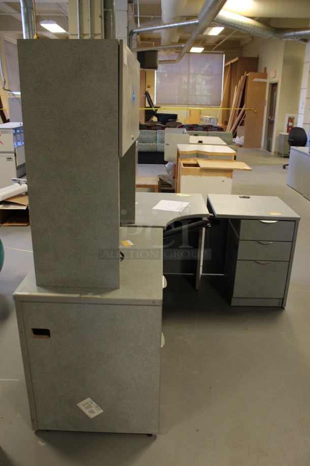 Gray L Shaped Desk Set Up w/ Hutch, 3 Drawer Filing Cabinet and 2 Drawer Filing Cabinet. 72x60x67. (Room 130) - Image 6 of 6