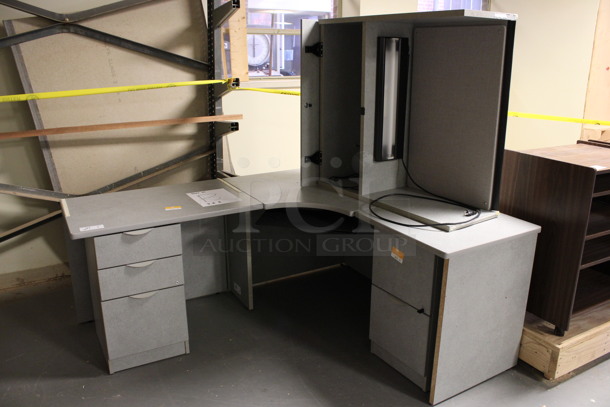 Gray L Shaped Desk Set Up w/ Hutch, 3 Drawer Filing Cabinet and 2 Drawer Filing Cabinet. 72x60x67. (Room 130)
