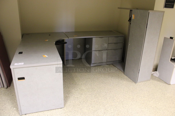 Gray L Shaped Desk Set Up w/ Hutch, 3 Drawer Filing Cabinet and 2 Drawer Filing Cabinet. 72x90x67. (Hallway)