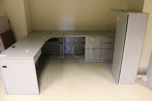Gray L Shaped Desk Set Up w/ Hutch, 3 Drawer Filing Cabinet and 2 Drawer Filing Cabinet. 72x90x67. (Hallway) - Image 2 of 6