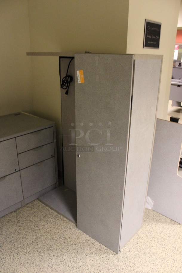 Gray L Shaped Desk Set Up w/ Hutch, 3 Drawer Filing Cabinet and 2 Drawer Filing Cabinet. 72x90x67. (Hallway) - Image 3 of 6