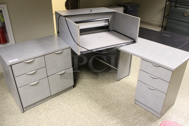 Gray L Shaped Desk Set Up w/ Hutch, Two 3 Drawer Filing Cabinet and 2 Drawer Filing Cabinet. 72x72x67. (Hallway)
