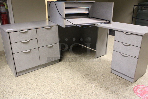 Gray L Shaped Desk Set Up w/ Hutch, Two 3 Drawer Filing Cabinet and 2 Drawer Filing Cabinet. 72x72x67. (Hallway) - Image 5 of 6