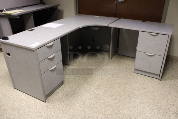 Gray L Shaped Desk Set Up w/ 3 Drawer Filing Cabinet and 2 Drawer Filing Cabinet. 72x72x29. (Hallway) - Image 1 of 5