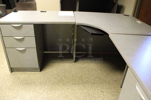 Gray L Shaped Desk Set Up w/ 3 Drawer Filing Cabinet and 2 Drawer Filing Cabinet. 72x72x29. (Hallway) - Image 3 of 5