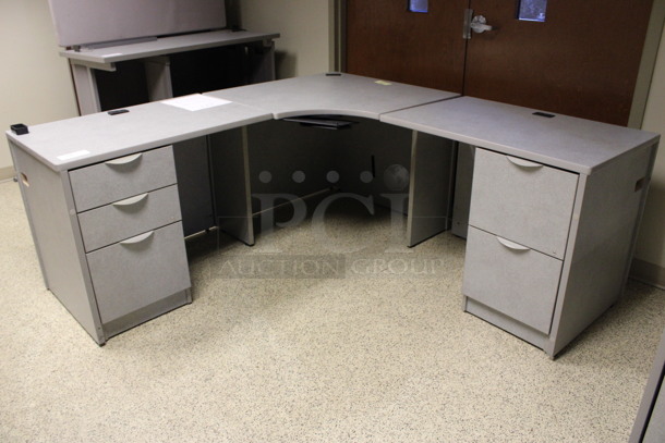 Gray L Shaped Desk Set Up w/ 3 Drawer Filing Cabinet and 2 Drawer Filing Cabinet. 72x72x29. (Hallway) - Image 4 of 5