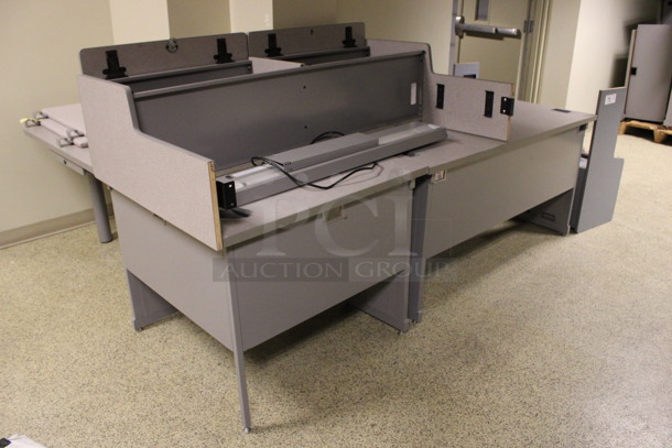 Gray L Shaped Desk Set Up w/ 2 Hutches. Includes 86x36x30. (Hallway)
