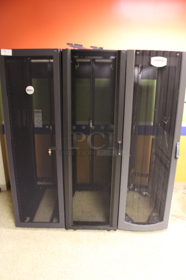 ALL ONE MONEY! Lot of 3 Black Metal Server Rack Cabinets! 24x38x79. (Hallway)