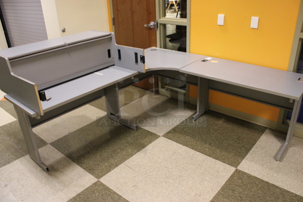 Gray L Shaped Desk Set Up w/ Hutch. 84x84x67. (Hallway)