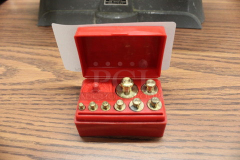 Ohaus Union Red Case w/ Various Metal Pieces Inside. 3x2x1.5. (Room 105)