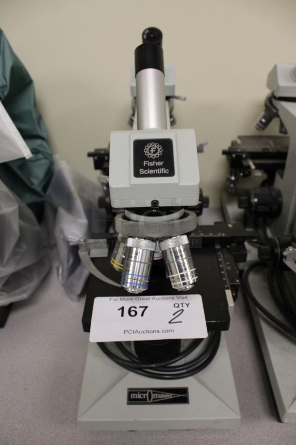 2 Fisher Scientific MicroMaster Metal Countertop Microscopes. 7x9.5x15.5. 2 Times Your Bid! (Room 105)