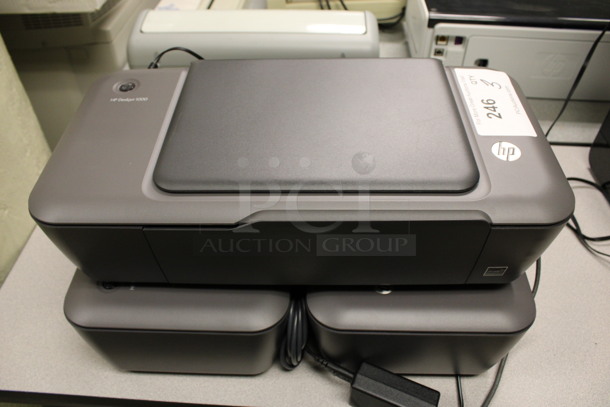 3 HP Deskjet 1000 Countertop Printers. 17x8.5x5. 3 Times Your Bid! (Room 105)