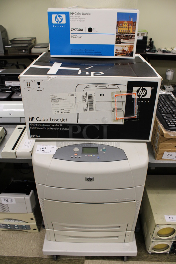 HP Color LaserJet 5550dtn Floor Style Printer w/ 2 Boxes of Ink. 25x28x36. (Room 105) - Image 1 of 8