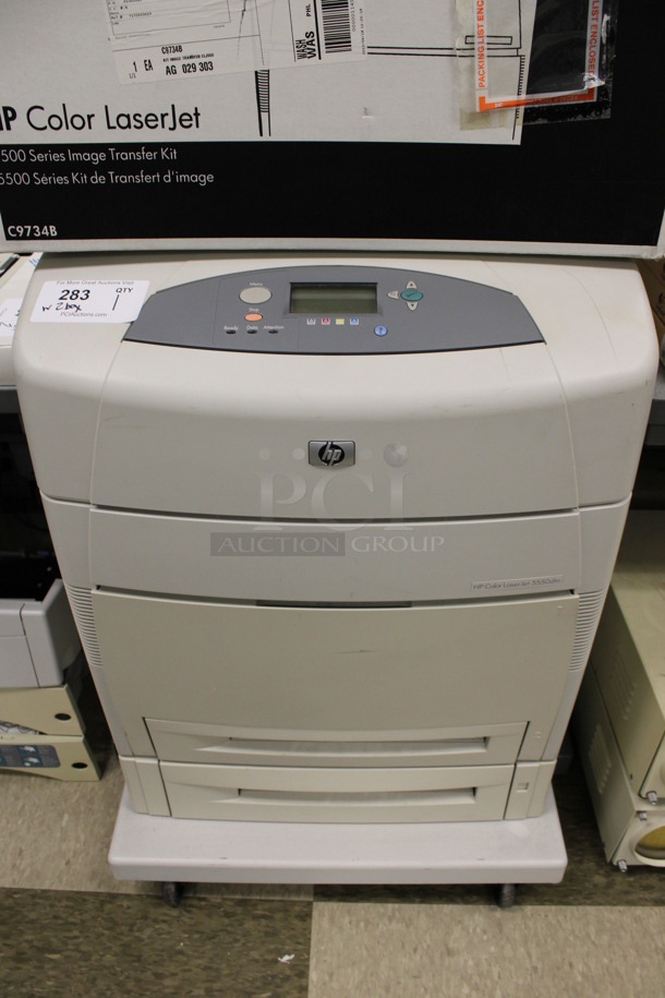 HP Color LaserJet 5550dtn Floor Style Printer w/ 2 Boxes of Ink. 25x28x36. (Room 105) - Image 5 of 8