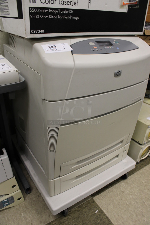 HP Color LaserJet 5550dtn Floor Style Printer w/ 2 Boxes of Ink. 25x28x36. (Room 105) - Image 8 of 8