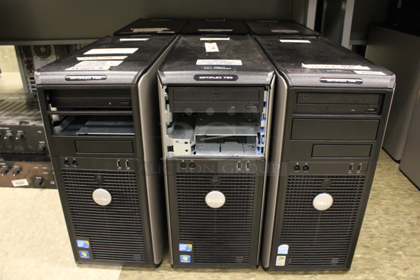 6 Dell Optiplex Computer Towers Including 745 and 780. 7.5x17x16. 6 Times Your Bid! (Room 105)