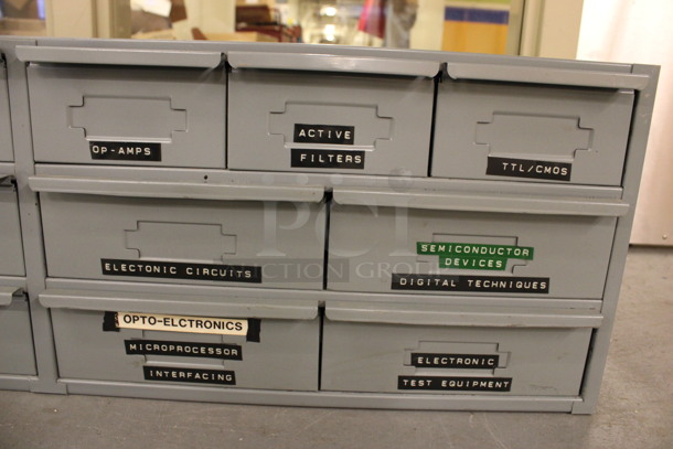 Gray Metal 14 Drawer Unit w/ Contents. 34x12x10.5. (Basement: Room 019) - Image 9 of 9