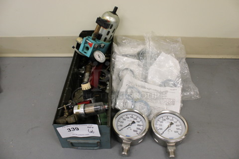 ALL ONE MONEY! Lot of Various Items Including Metal Bin w/ Contents and Gauges! (Basement: Room 019)