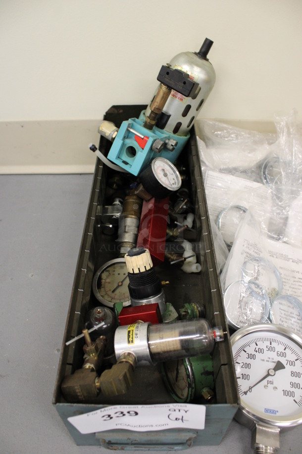 ALL ONE MONEY! Lot of Various Items Including Metal Bin w/ Contents and Gauges! (Basement: Room 019) - Image 2 of 4