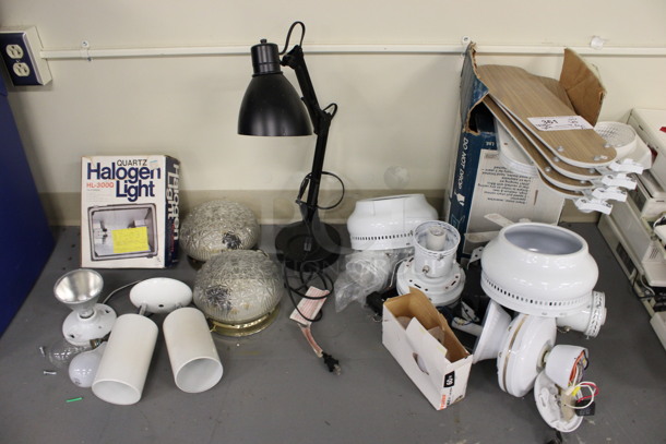 ALL ONE MONEY! Lot of Various Items Including Halogen Light, Fan, Light Fixtures! Includes 7x7x4. (Basement: Room 019)