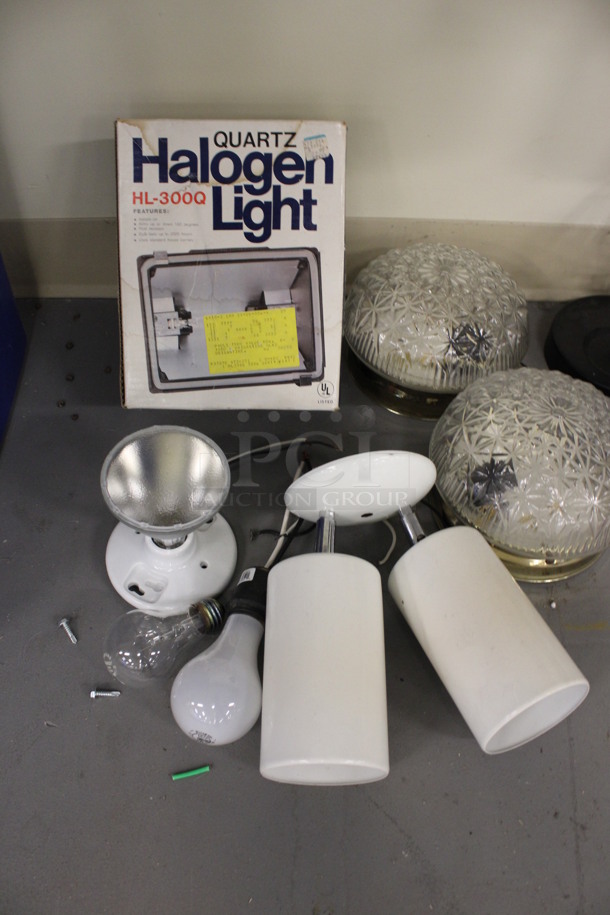 ALL ONE MONEY! Lot of Various Items Including Halogen Light, Fan, Light Fixtures! Includes 7x7x4. (Basement: Room 019) - Image 5 of 6