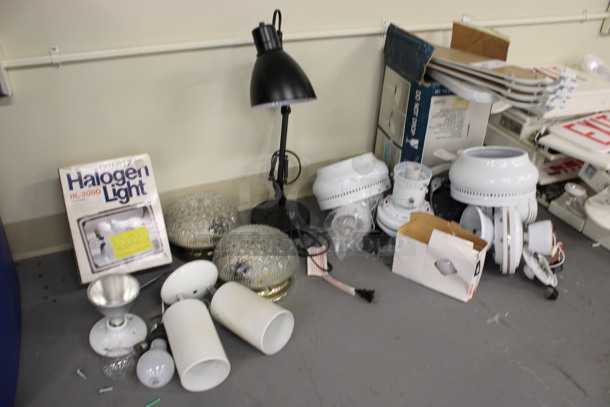 ALL ONE MONEY! Lot of Various Items Including Halogen Light, Fan, Light Fixtures! Includes 7x7x4. (Basement: Room 019) - Image 6 of 6