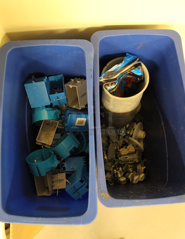 ALL ONE MONEY! Lot of 2 Blue Poly Slim Jim Trash Cans Full of Various Outlet Boxes and Inserts! 11x20x30 (Basement: Room 019)