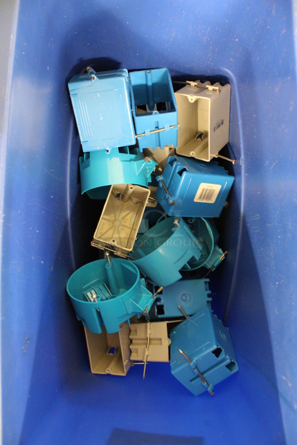 ALL ONE MONEY! Lot of 2 Blue Poly Slim Jim Trash Cans Full of Various Outlet Boxes and Inserts! 11x20x30 (Basement: Room 019) - Image 2 of 6