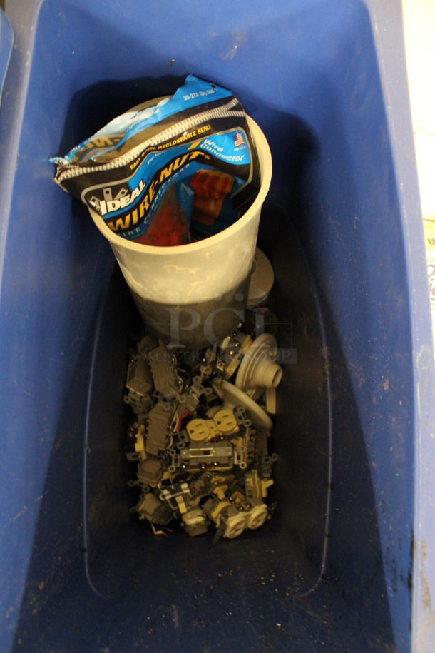 ALL ONE MONEY! Lot of 2 Blue Poly Slim Jim Trash Cans Full of Various Outlet Boxes and Inserts! 11x20x30 (Basement: Room 019) - Image 3 of 6