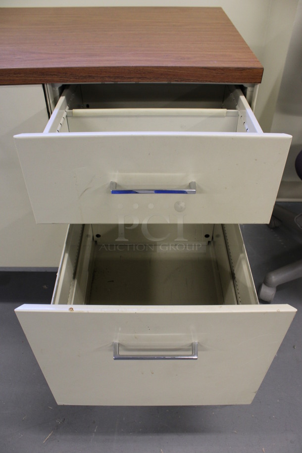 Tan Metal Counter w/ 4 Drawers, 2 Doors and Wood Pattern Countertop. 60x20x29.5. (Basement: Room 019) - Image 4 of 7