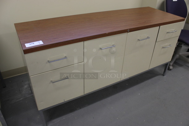 Tan Metal Counter w/ 4 Drawers, 2 Doors and Wood Pattern Countertop. 60x20x29.5. (Basement: Room 019) - Image 7 of 7