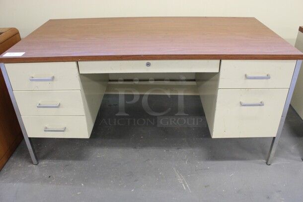 Tan Metal Desk w/ 5 Drawers and Wood Pattern Countertop. 60x30x29.5. (Basement: Room 019)