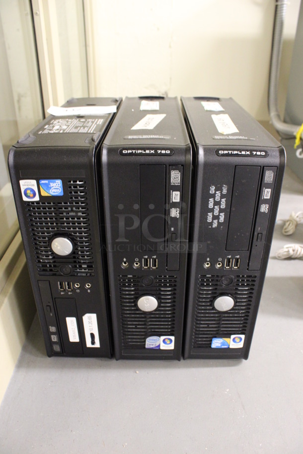 3 Dell Computer Towers Including Optiplex 760. 4x13x12. 3 Times Your Bid! (Basement: Room 019)
