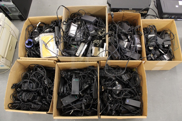 ALL ONE MONEY! Lot of 7 Boxes of Various Chargers and Cords! (Basement: Room 019)