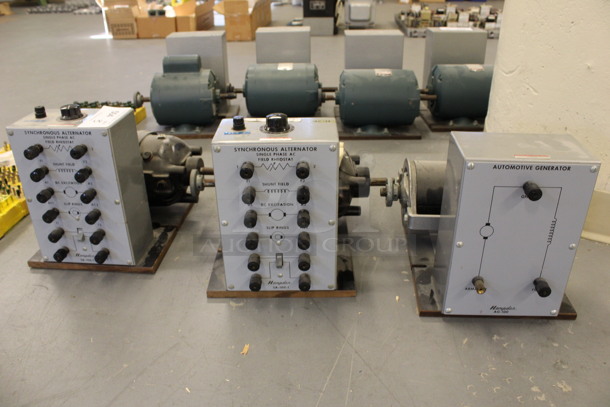 3 Hampden Motors; 2 Model SA-100-1 Synchronous Alternator and 1 Model AG-100 Automotive Generator. 13x14x10.5. 3 Times Your Bid! (Basement: Room 019)