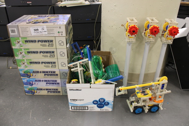 ALL ONE MONEY! Lot of 3 Wind Power Electricity Generating Turbines, 4 Air and Water Pneumatic Hydraulic Engines, 4 Assembled Units and Box of Loose Parts! (Basement: Room 019) 