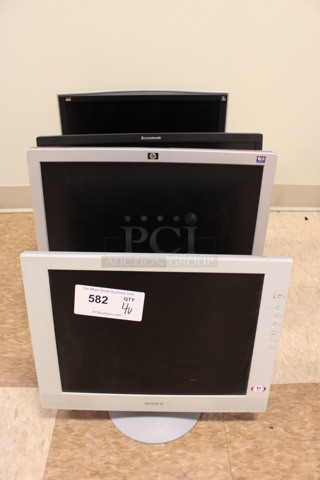 4 Various Computer Monitors; Sony Model SDM-M51D, HP Model L1906, Lenovo and ViewSonic Model VA130wm. 15", 19", 22". 4 Times Your Bid! (Room 108)