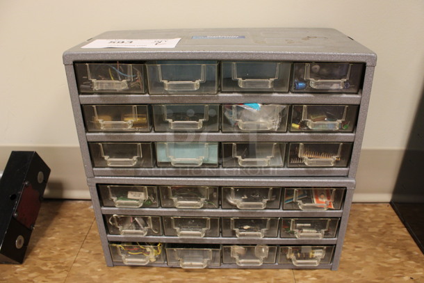 2 Gray Metal 12 Drawer Units. Comes w/ Contents. 12.5x6x6. 2 Times Your Bid! (Room 108)