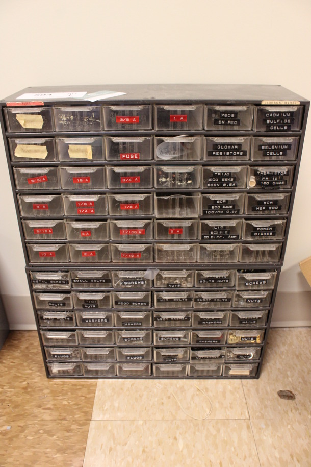 2 Gray Metal 36 Drawer Units. Comes w/ Contents. 18x6x11.5. 2 Times Your Bid! (Room 108)