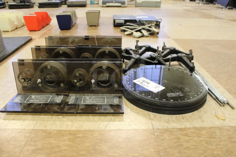 ALL ONE MONEY! Lot of 6 FAsco Free Fall Atwood, 6 Force Table, 6 Metal Rods and 6 Tripod Bases on Casters. Includes 7x6x4.5. (Room 108)