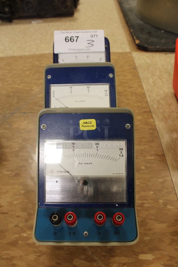 3 Fisher DC Volt Meters. 4.5x4.5x5. 3 Times Your Bid! (Room 108)