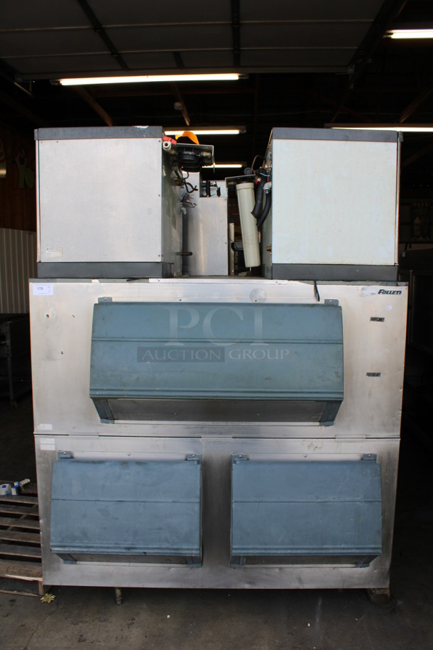 2 Scotsman Model CME1656RS-3F Stainless Steel Commercial Ice Machine Heads on Follett Model LD124S / SG3200-72 Ice Bin. 208/230 Volts, 1 Phase. 72x56x97