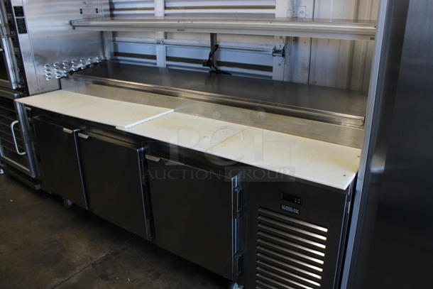 Kairak Model KBP-91S Stainless Steel Commercial Prep Table w/ Over Shelf on Commercial Casters. 115 Volts, 1 Phase. 91x34x58. Tested and Working!