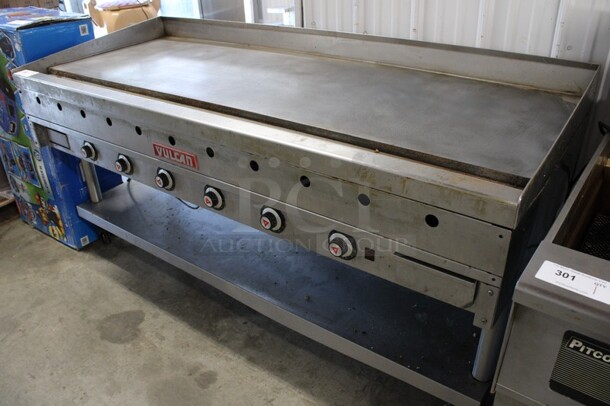 Vulcan Stainless Steel Commercial Natural Gas Powered Flat Top Griddle w/ Thermostatic Controls and Under Shelf on Commercial Casters. 72x32x38 - Image 7 of 7