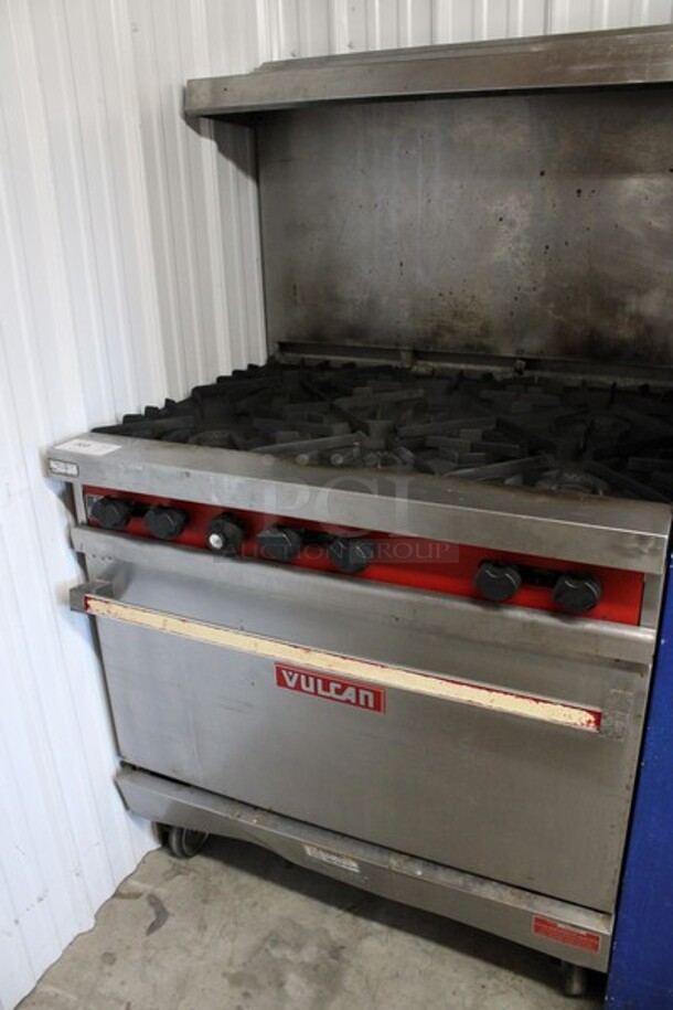 Vulcan Stainless Steel Commercial Natural Gas Powered 6 Burner Range w/ Oven, Over Shelf and Backsplash on Commercial Casters. 36x32x62 - Image 3 of 5
