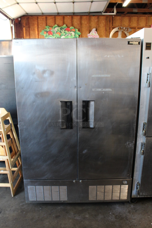 Delfield Stainless Steel Commercial 2 Door Reach In Cooler w/ Poly Coated Racks on Commercial Casters. 50.5x34x79. Tested and Powers On But Does Not Get Cold - Image 6 of 6