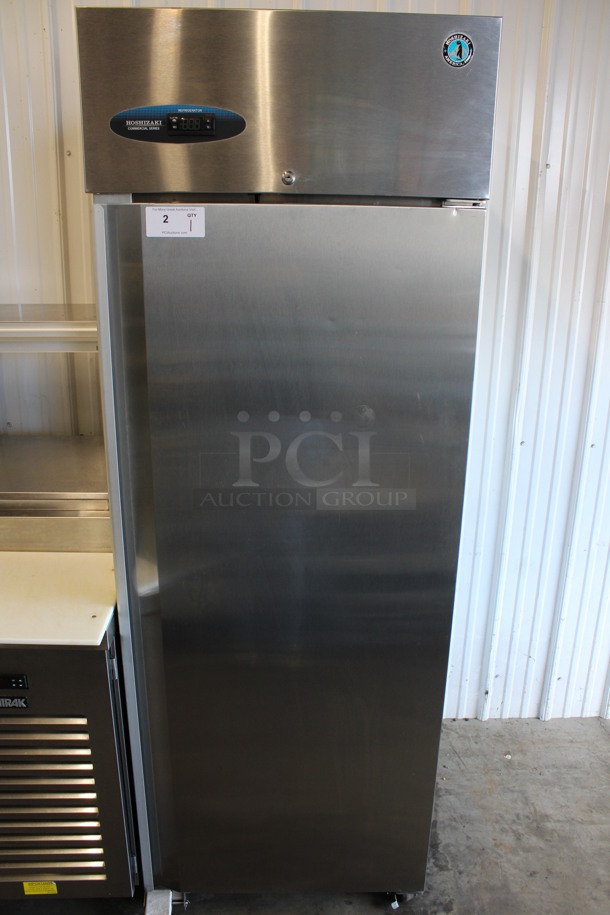 2015 Hoshizaki Model CR1S-FS Stainless Steel Commercial Single Door Reach In Cooler w/ Metal Racks on Commercial Casters. 115 Volts, 1 Phase. 27.5x33x80. Tested and Working! - Image 1 of 6