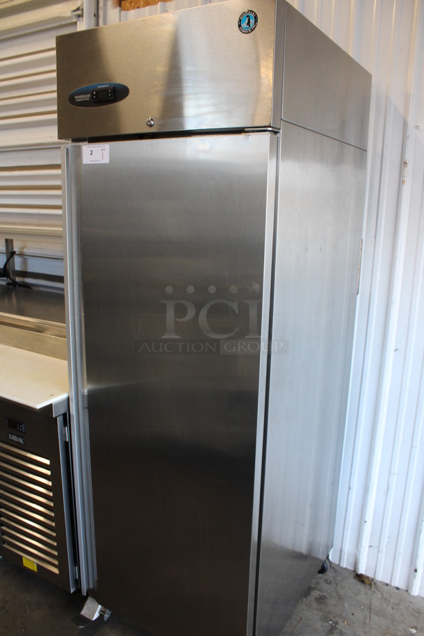 2015 Hoshizaki Model CR1S-FS Stainless Steel Commercial Single Door Reach In Cooler w/ Metal Racks on Commercial Casters. 115 Volts, 1 Phase. 27.5x33x80. Tested and Working! - Image 2 of 6