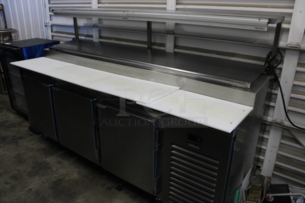 Kairak Model KBP-91S Stainless Steel Commercial Prep Table w/ Over Shelf on Commercial Casters. 115 Volts, 1 Phase. 91x34x58. Tested and Working!